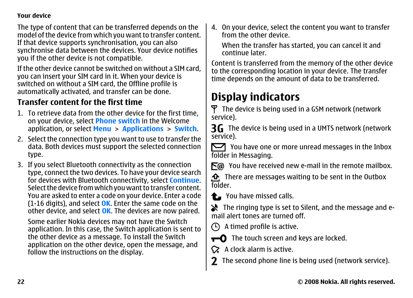 Display indicators | Nokia 5800EN User Manual | Page 22 / 116