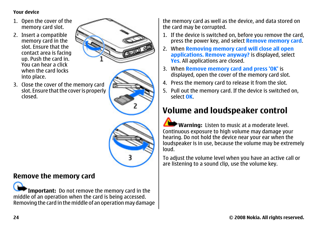 Remove the memory card, Volume and loudspeaker control | Nokia 5800EN User Manual | Page 24 / 116