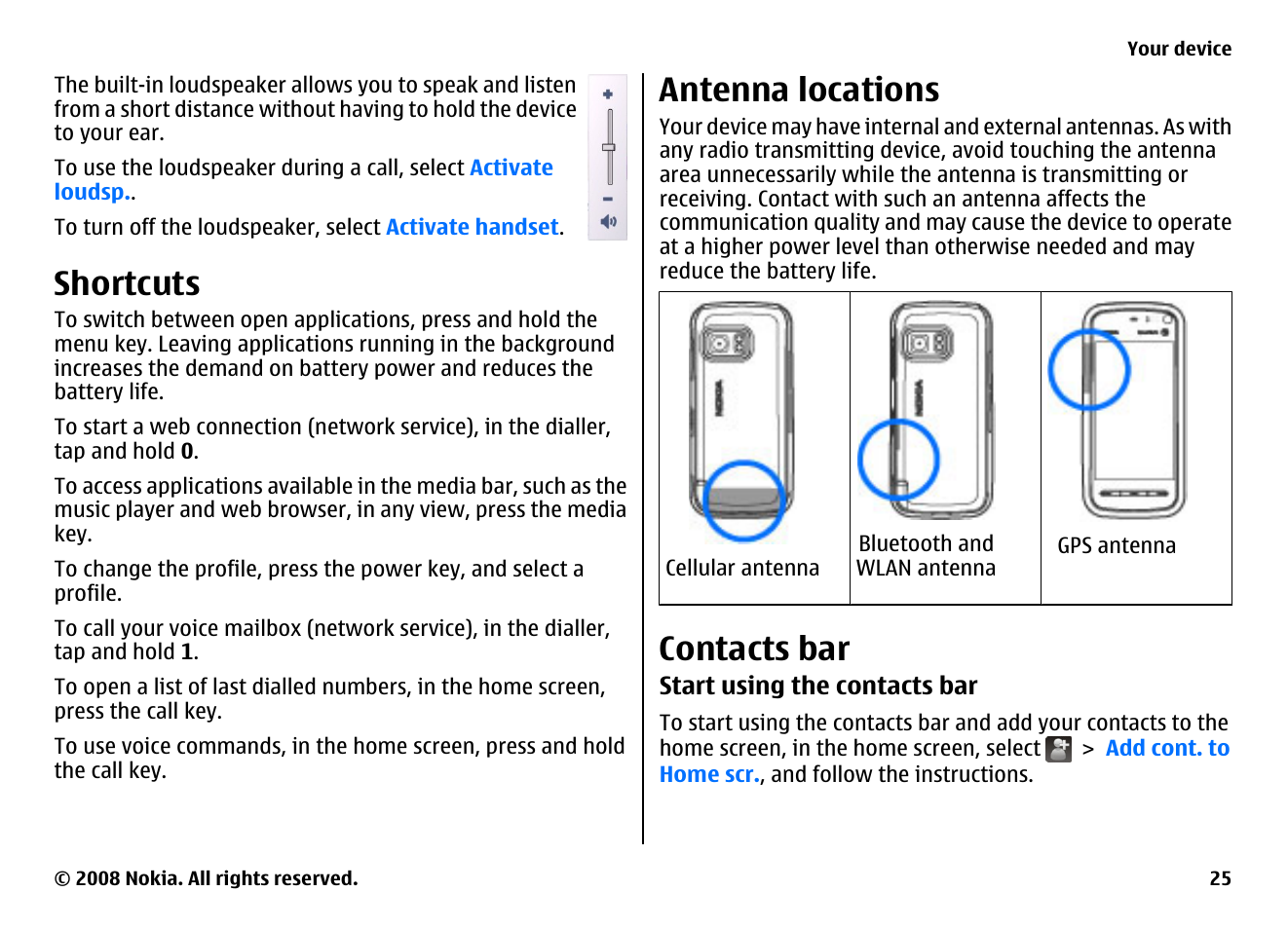 Shortcuts, Antenna locations, Contacts bar | Nokia 5800EN User Manual | Page 25 / 116