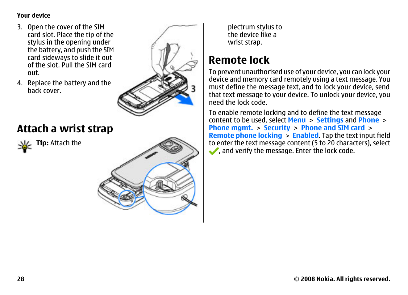 Attach a wrist strap, Remote lock | Nokia 5800EN User Manual | Page 28 / 116