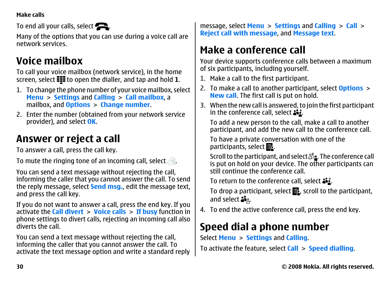Voice mailbox, Answer or reject a call, Make a conference call | Speed dial a phone number | Nokia 5800EN User Manual | Page 30 / 116
