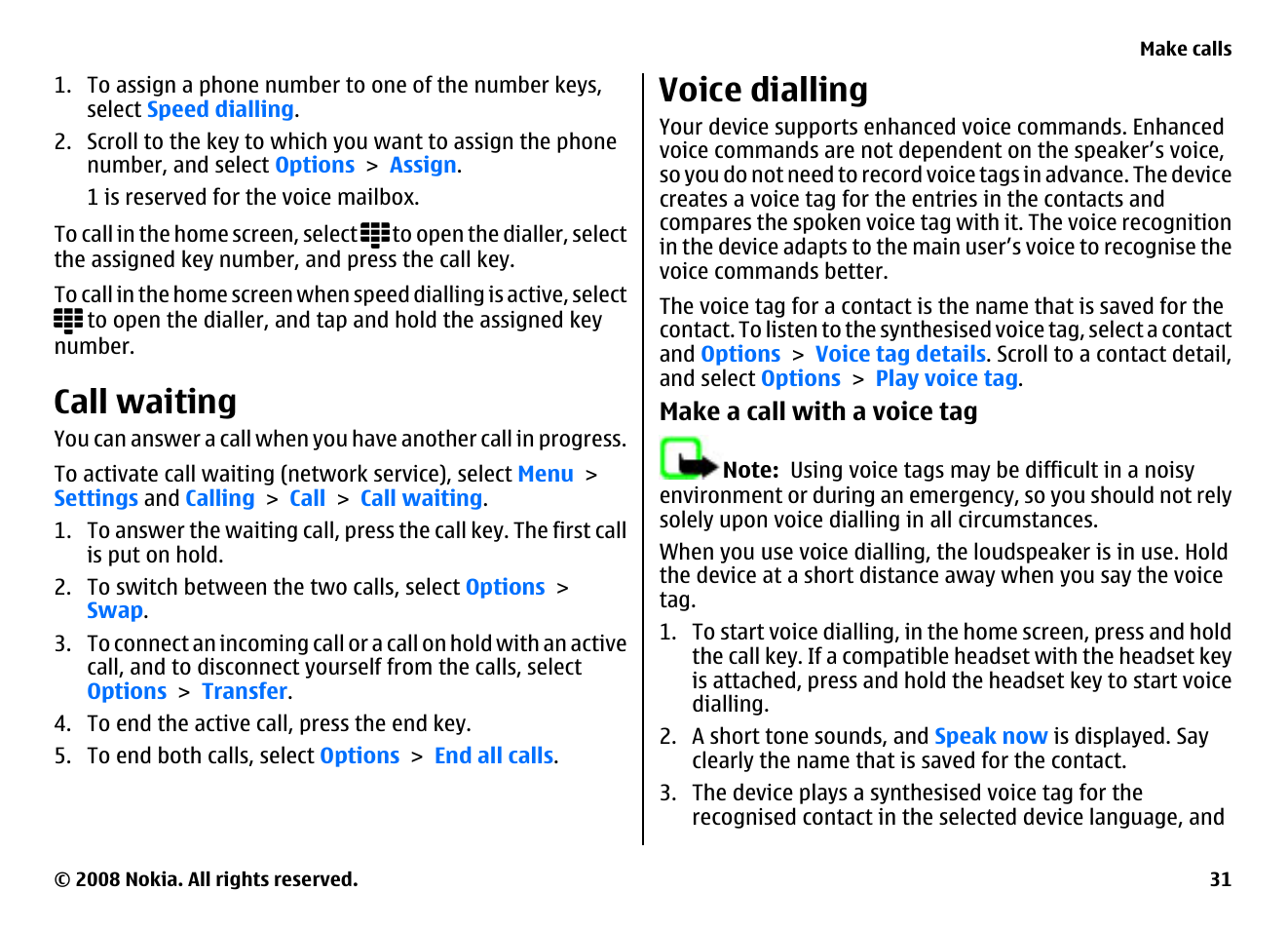 Call waiting, Voice dialling | Nokia 5800EN User Manual | Page 31 / 116