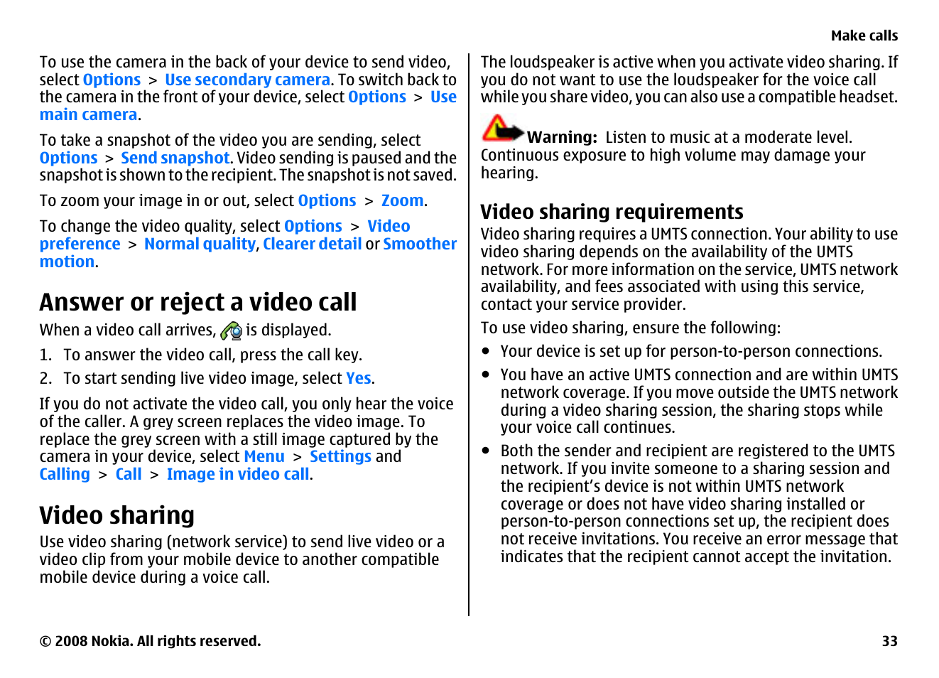 Answer or reject a video call, Video sharing, Video sharing requirements | Nokia 5800EN User Manual | Page 33 / 116