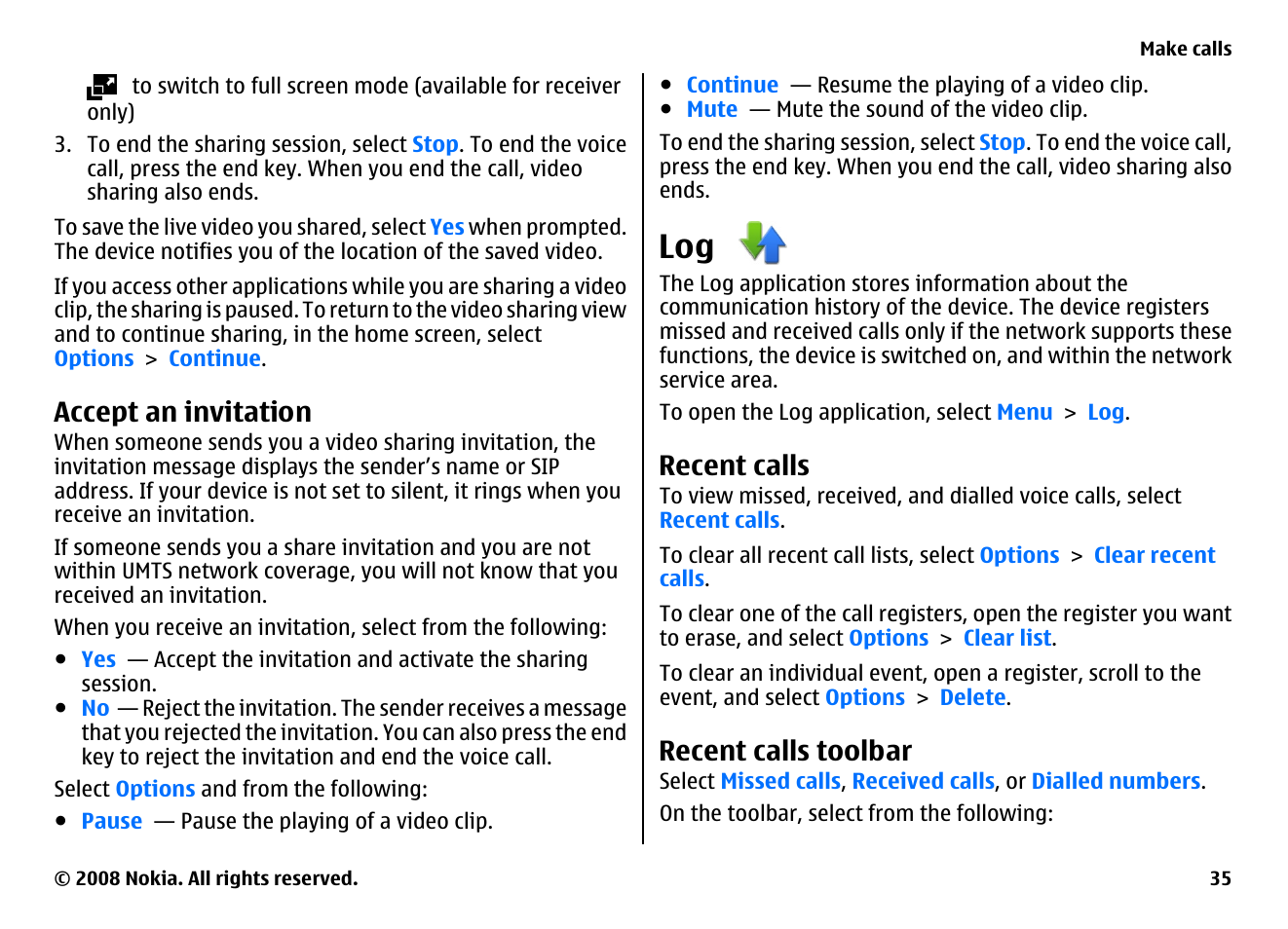 Accept an invitation, Recent calls, Recent calls toolbar | Nokia 5800EN User Manual | Page 35 / 116
