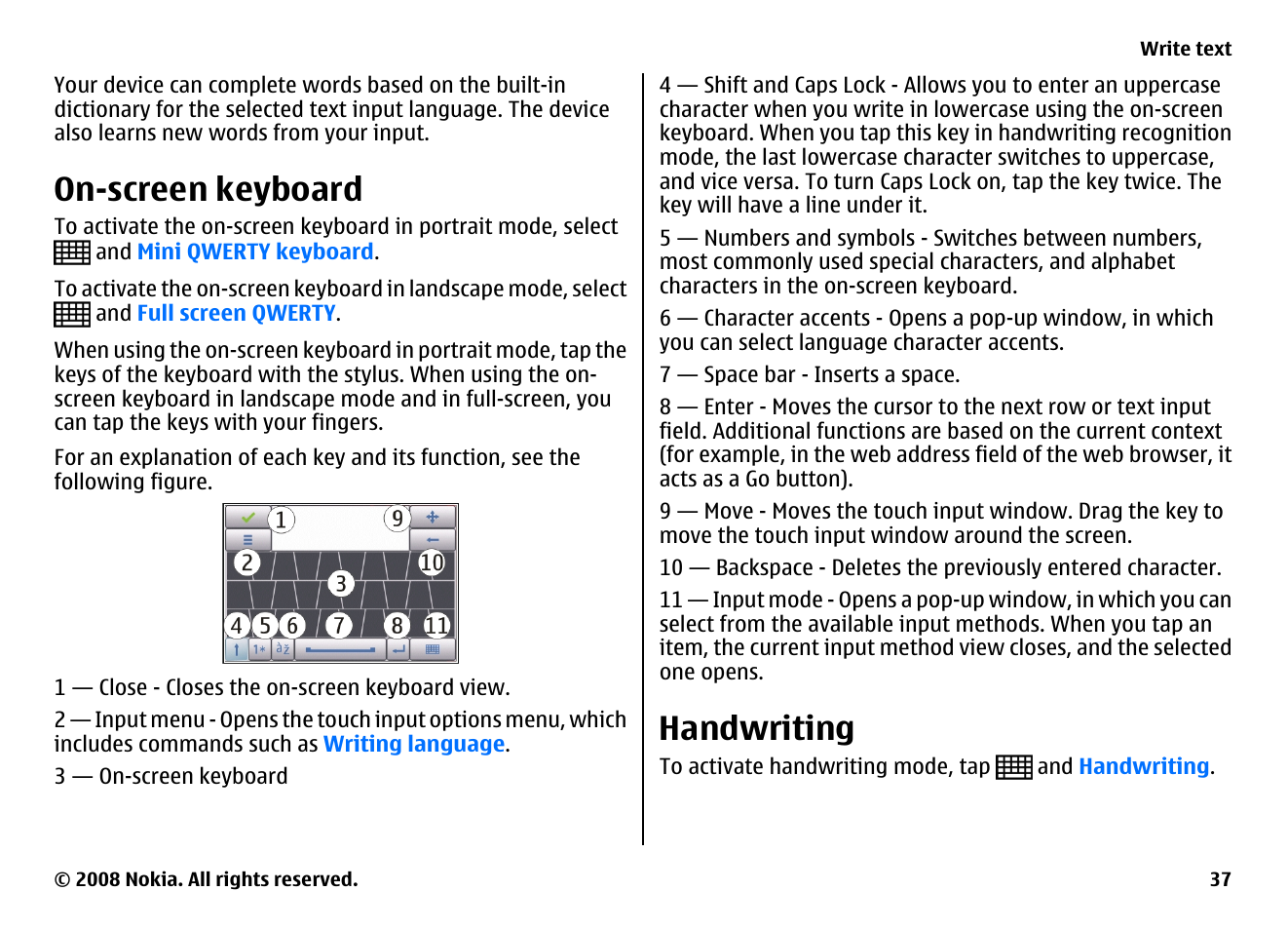 On-screen keyboard, Handwriting | Nokia 5800EN User Manual | Page 37 / 116