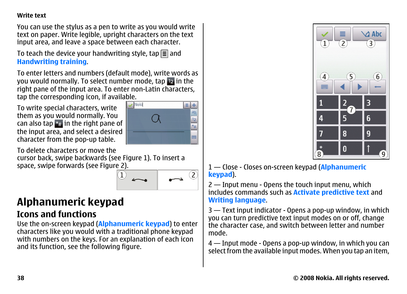 Alphanumeric keypad, Icons and functions | Nokia 5800EN User Manual | Page 38 / 116