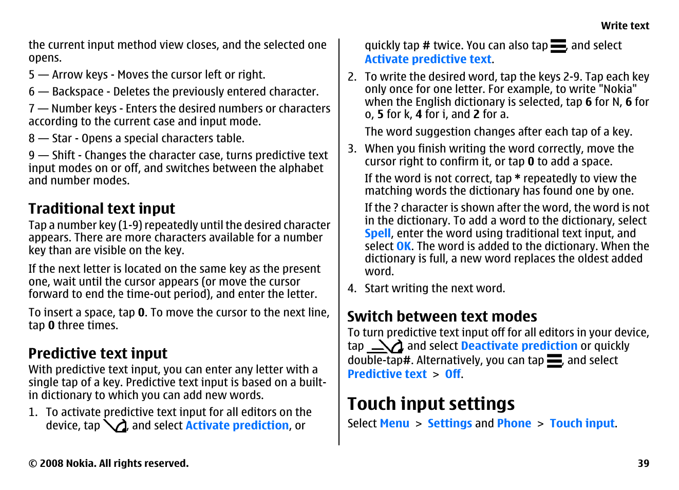 Traditional text input, Predictive text input, Switch between text modes | Touch input settings | Nokia 5800EN User Manual | Page 39 / 116