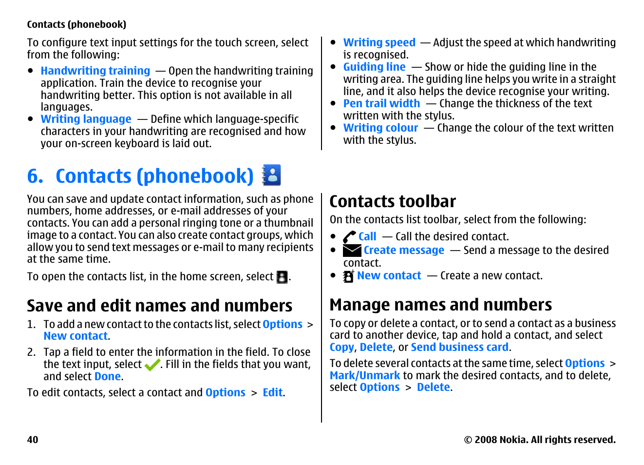 Contacts (phonebook), Save and edit names and numbers, Contacts toolbar | Manage names and numbers | Nokia 5800EN User Manual | Page 40 / 116