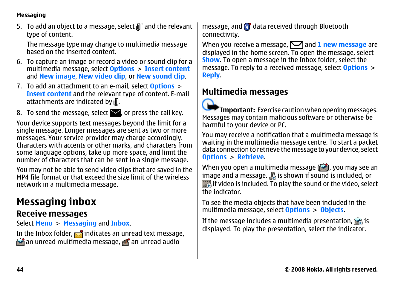 Messaging inbox, Receive messages, Multimedia messages | Nokia 5800EN User Manual | Page 44 / 116