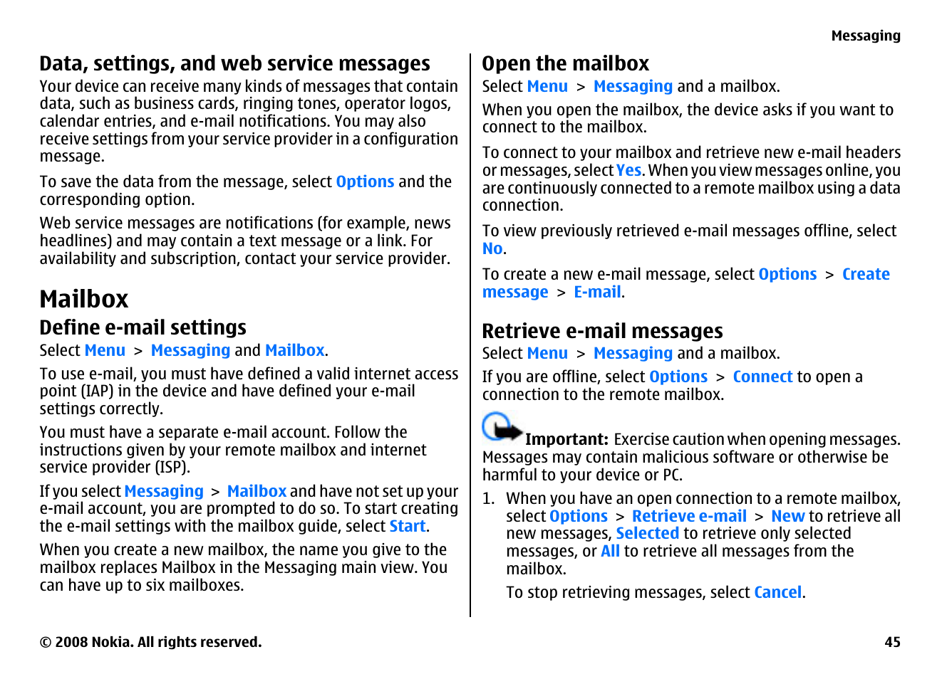 Data, settings, and web service messages, Mailbox, Define e-mail settings | Open the mailbox, Retrieve e-mail messages | Nokia 5800EN User Manual | Page 45 / 116
