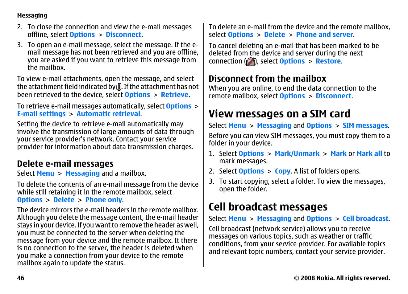 Delete e-mail messages, Disconnect from the mailbox, View messages on a sim card | Cell broadcast messages | Nokia 5800EN User Manual | Page 46 / 116