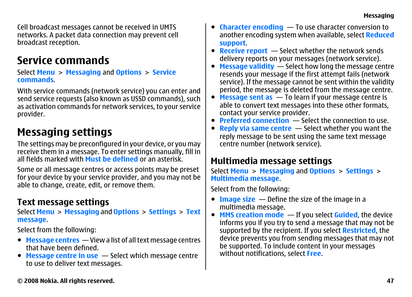 Service commands, Messaging settings, Text message settings | Multimedia message settings | Nokia 5800EN User Manual | Page 47 / 116