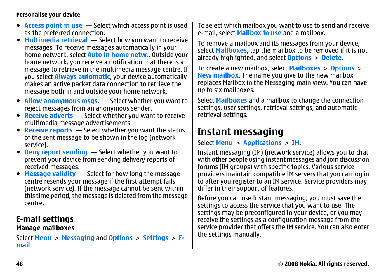 E-mail settings, Manage mailboxes, Instant messaging | Nokia 5800EN User Manual | Page 48 / 116