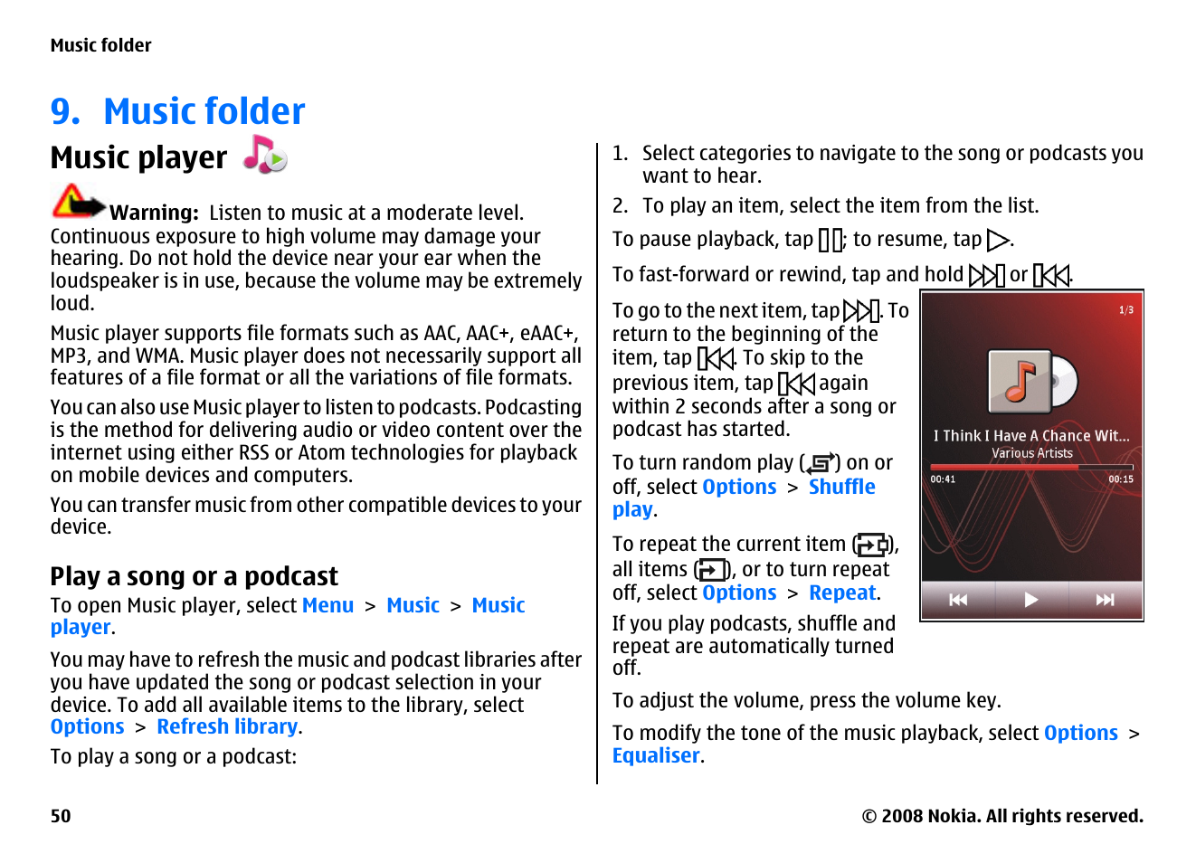 Music folder, Music player, Play a song or a podcast | Nokia 5800EN User Manual | Page 50 / 116