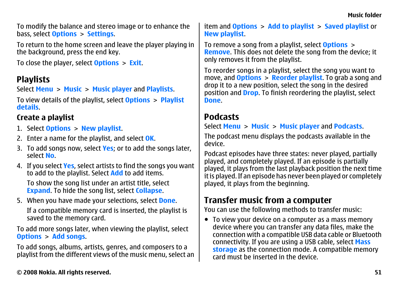 Playlists, Podcasts, Transfer music from a computer | Nokia 5800EN User Manual | Page 51 / 116