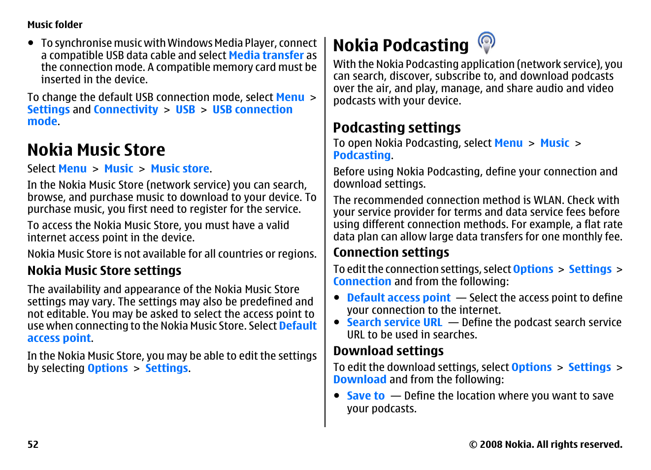 Nokia music store, Nokia podcasting, Podcasting settings | Nokia 5800EN User Manual | Page 52 / 116