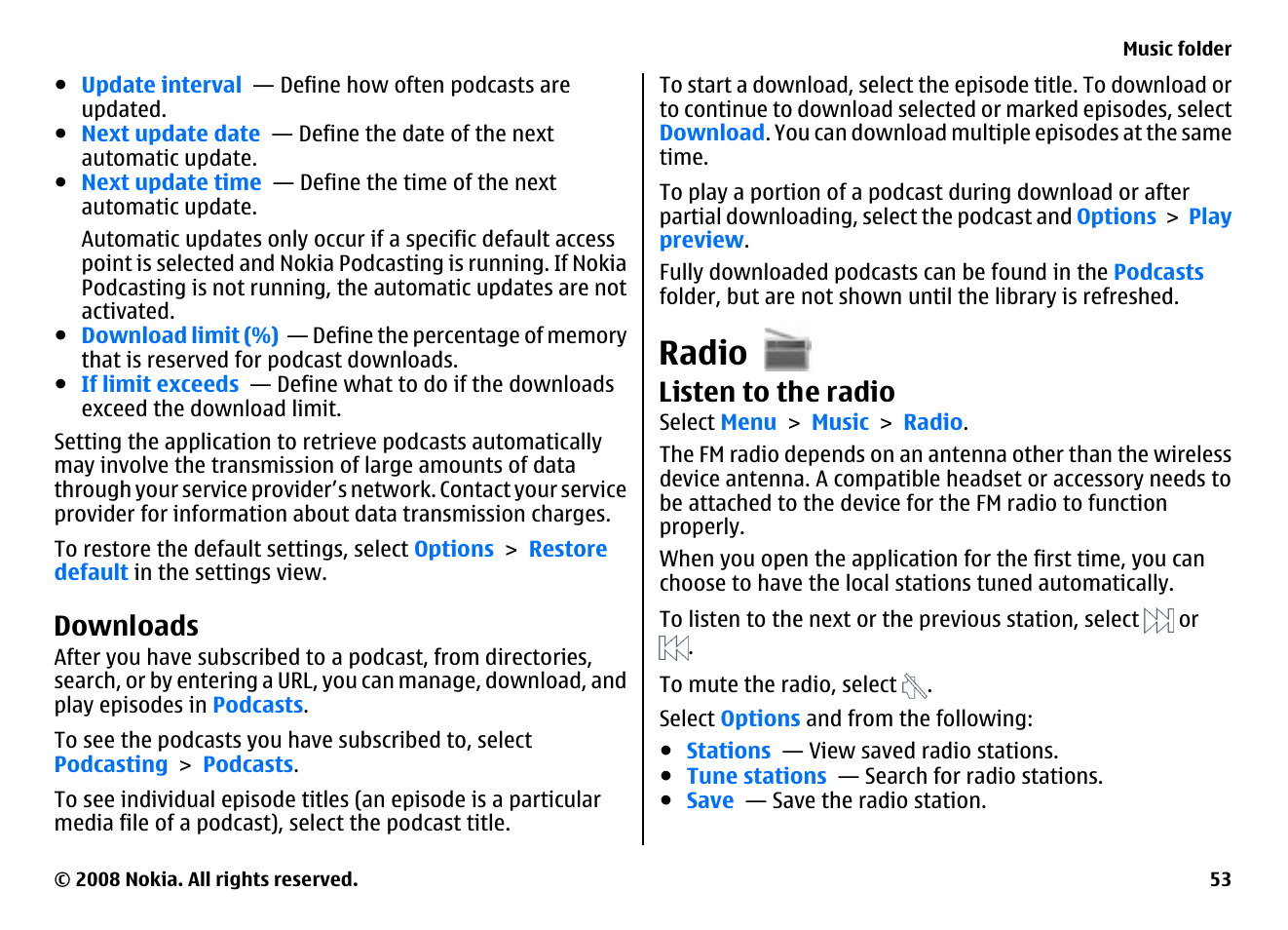Downloads, Radio, Listen to the radio | Nokia 5800EN User Manual | Page 53 / 116