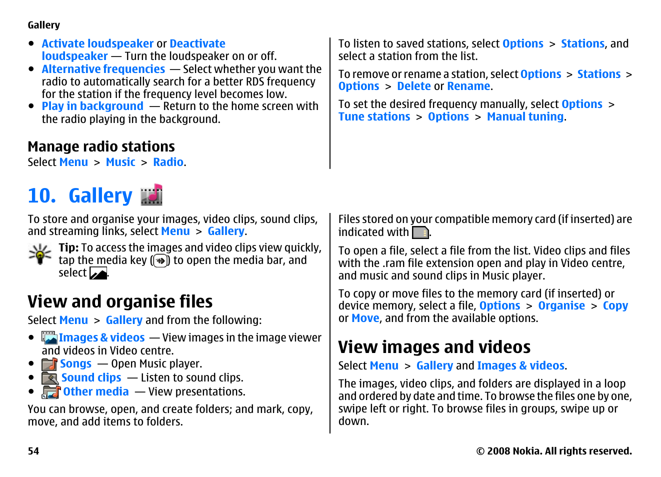 Manage radio stations, Gallery, View and organise files | View images and videos | Nokia 5800EN User Manual | Page 54 / 116