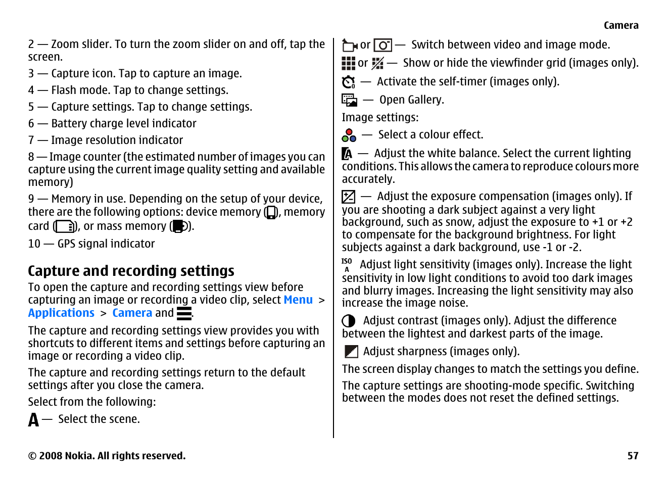 Capture and recording settings | Nokia 5800EN User Manual | Page 57 / 116