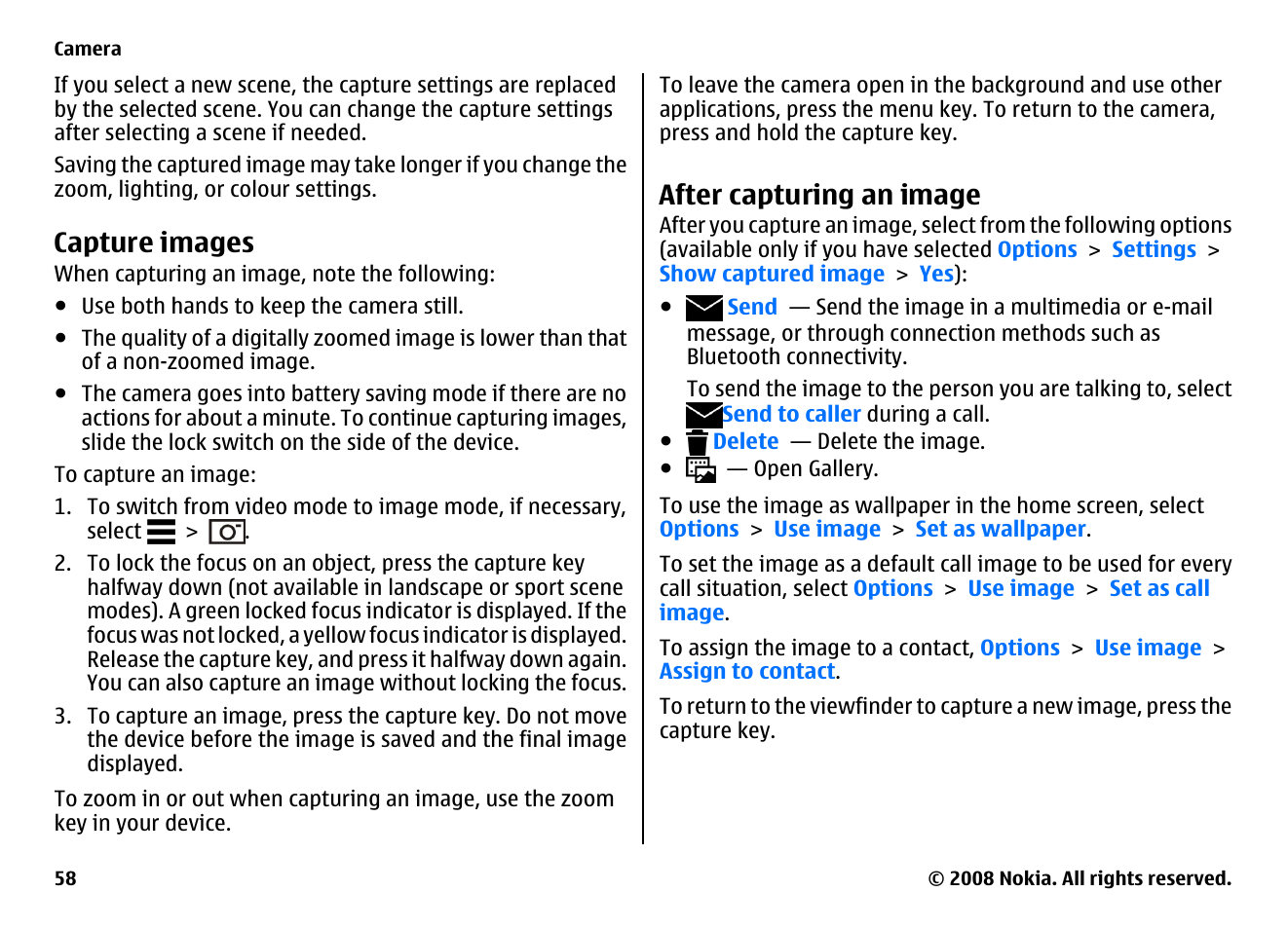 Capture images, After capturing an image | Nokia 5800EN User Manual | Page 58 / 116