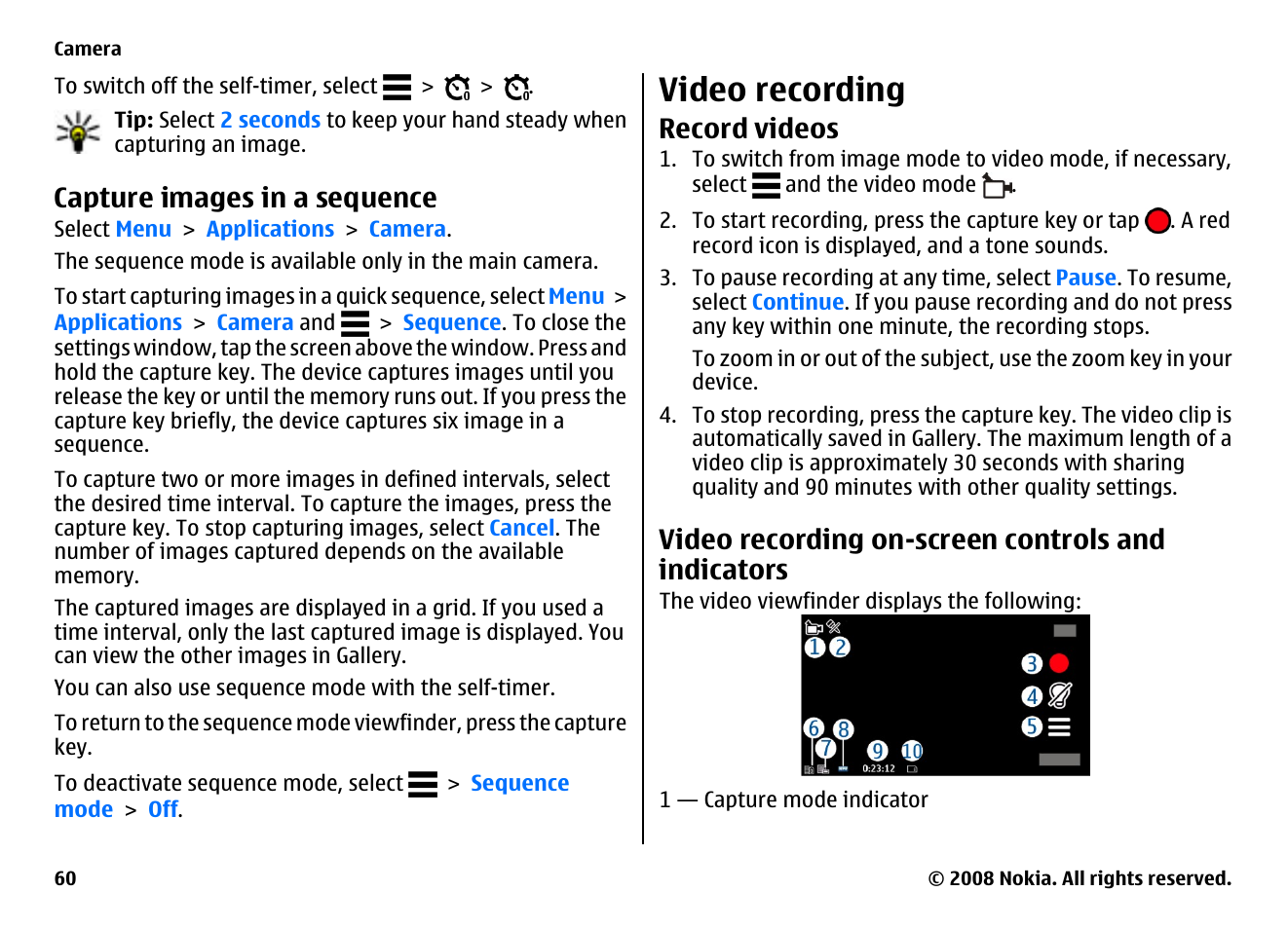 Capture images in a sequence, Video recording, Record videos | Video recording on-screen controls and indicators | Nokia 5800EN User Manual | Page 60 / 116