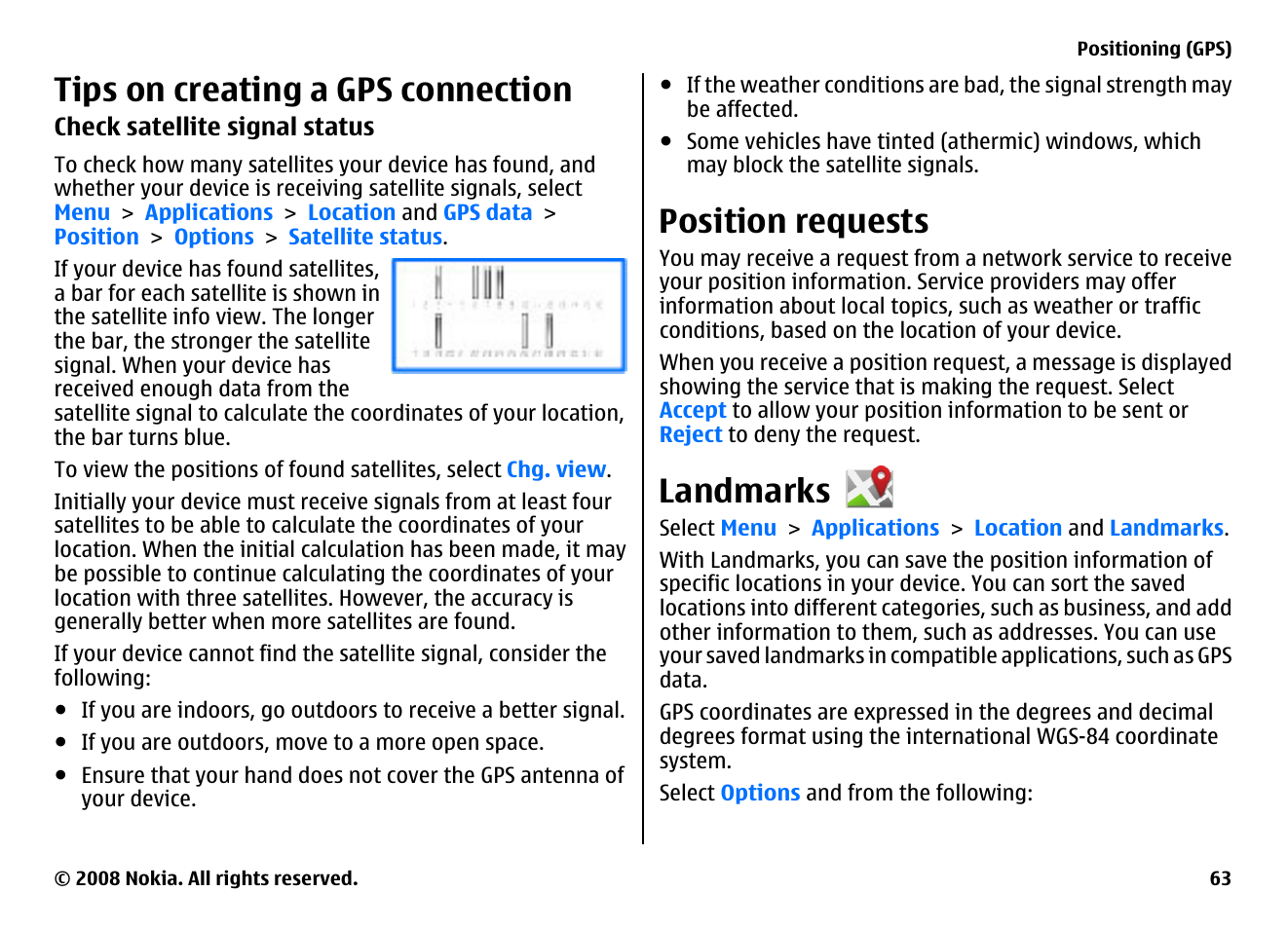 Tips on creating a gps connection, Position requests, Landmarks | Nokia 5800EN User Manual | Page 63 / 116