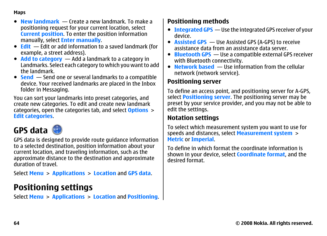 Gps data, Positioning settings | Nokia 5800EN User Manual | Page 64 / 116