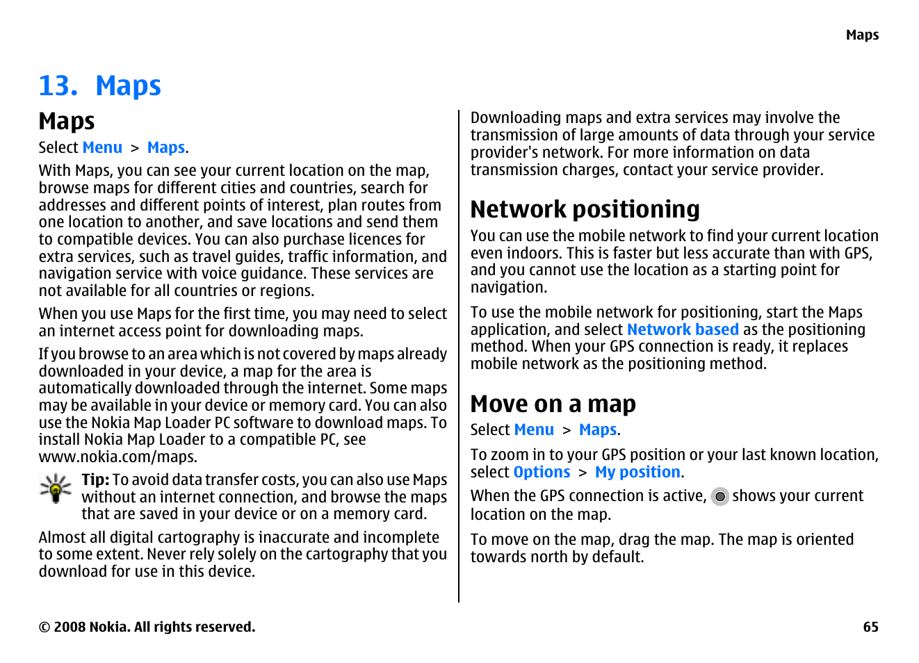 Maps, Network positioning, Move on a map | Nokia 5800EN User Manual | Page 65 / 116