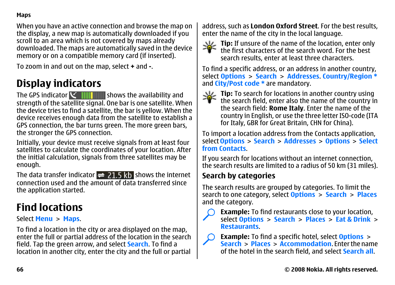 Display indicators, Find locations | Nokia 5800EN User Manual | Page 66 / 116