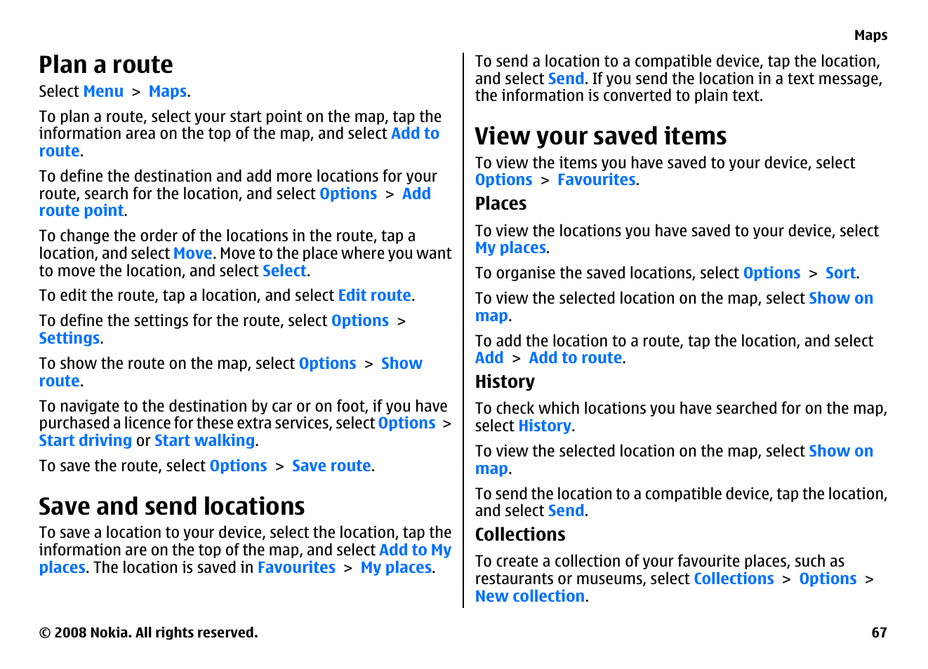 Plan a route, Save and send locations, View your saved items | Nokia 5800EN User Manual | Page 67 / 116