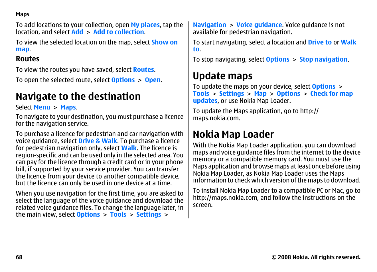 Navigate to the destination, Update maps, Nokia map loader | Nokia 5800EN User Manual | Page 68 / 116
