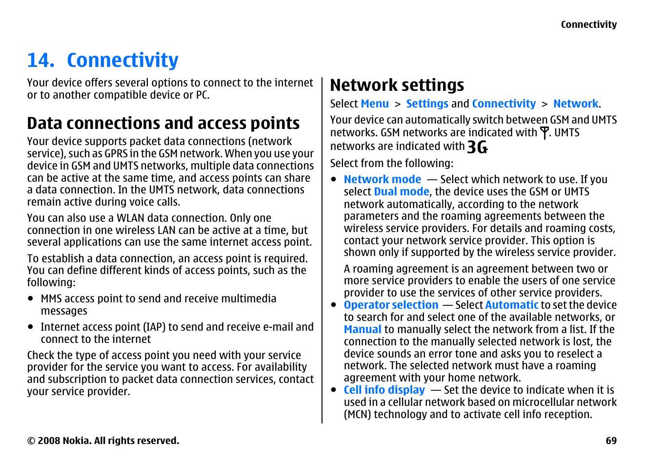 Connectivity, Data connections and access points, Network settings | Nokia 5800EN User Manual | Page 69 / 116