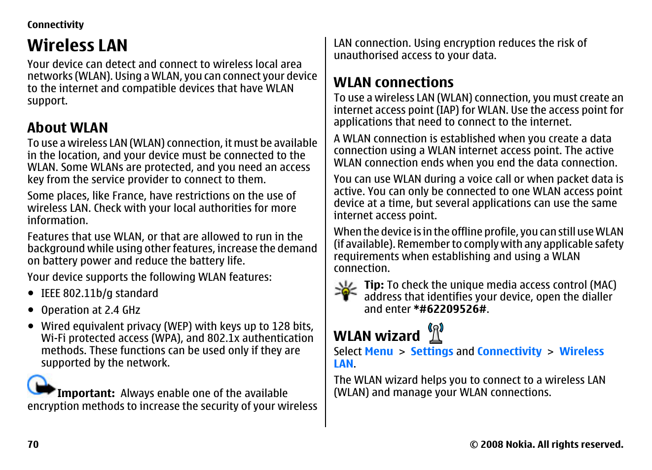 Wireless lan, About wlan, Wlan connections | Wlan wizard | Nokia 5800EN User Manual | Page 70 / 116