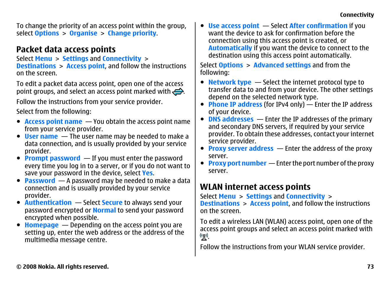 Packet data access points, Wlan internet access points | Nokia 5800EN User Manual | Page 73 / 116