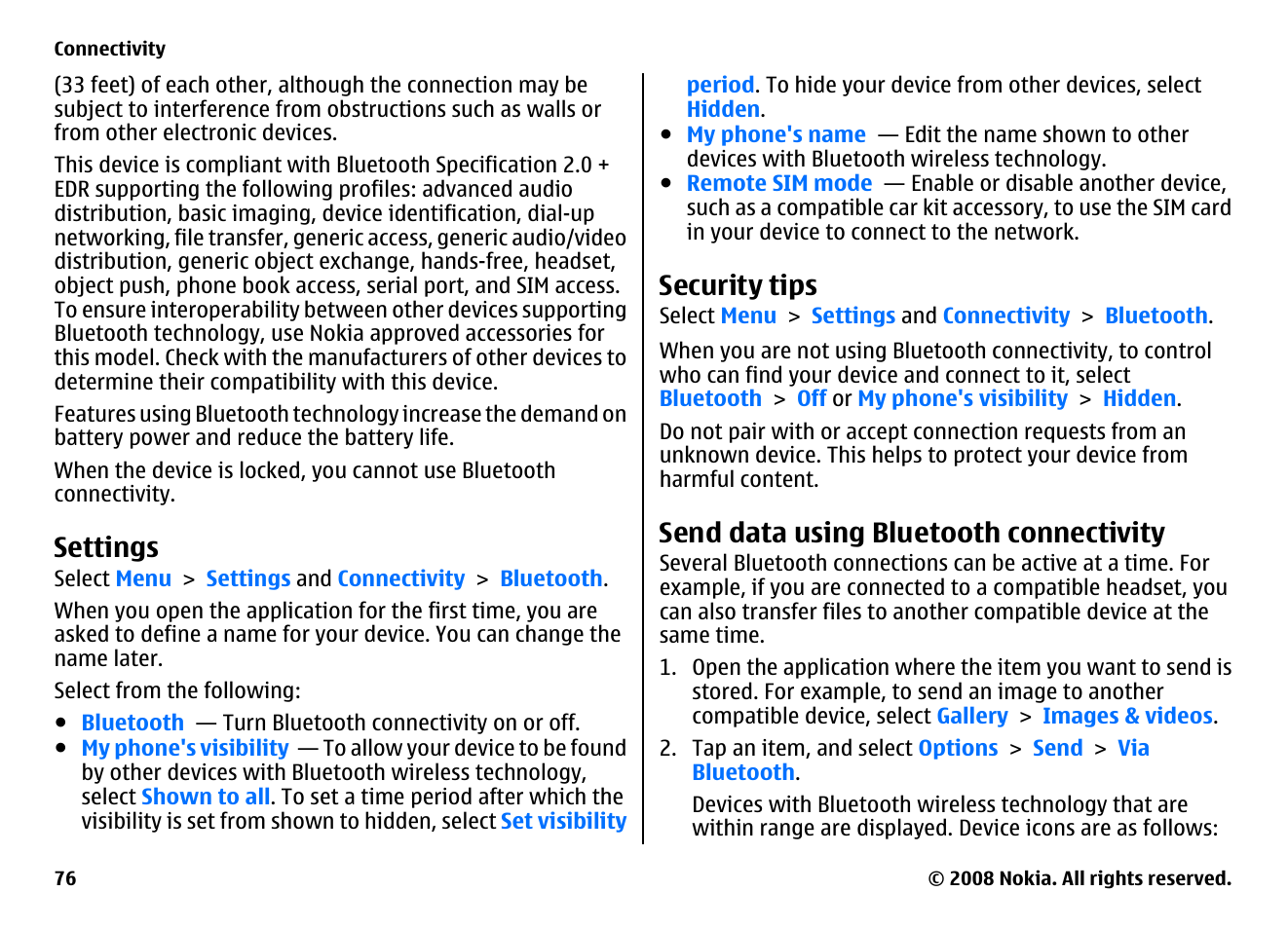 Settings, Security tips, Send data using bluetooth connectivity | Nokia 5800EN User Manual | Page 76 / 116