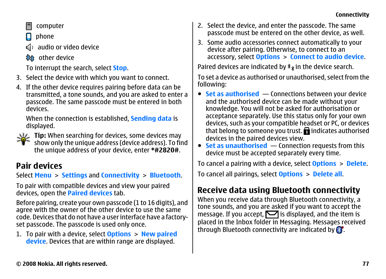 Pair devices, Receive data using bluetooth connectivity | Nokia 5800EN User Manual | Page 77 / 116