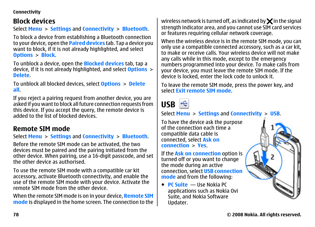 Block devices, Remote sim mode | Nokia 5800EN User Manual | Page 78 / 116