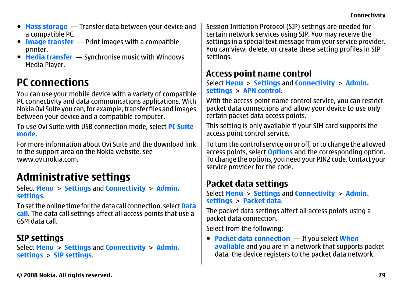 Pc connections, Administrative settings, Sip settings | Access point name control, Packet data settings | Nokia 5800EN User Manual | Page 79 / 116