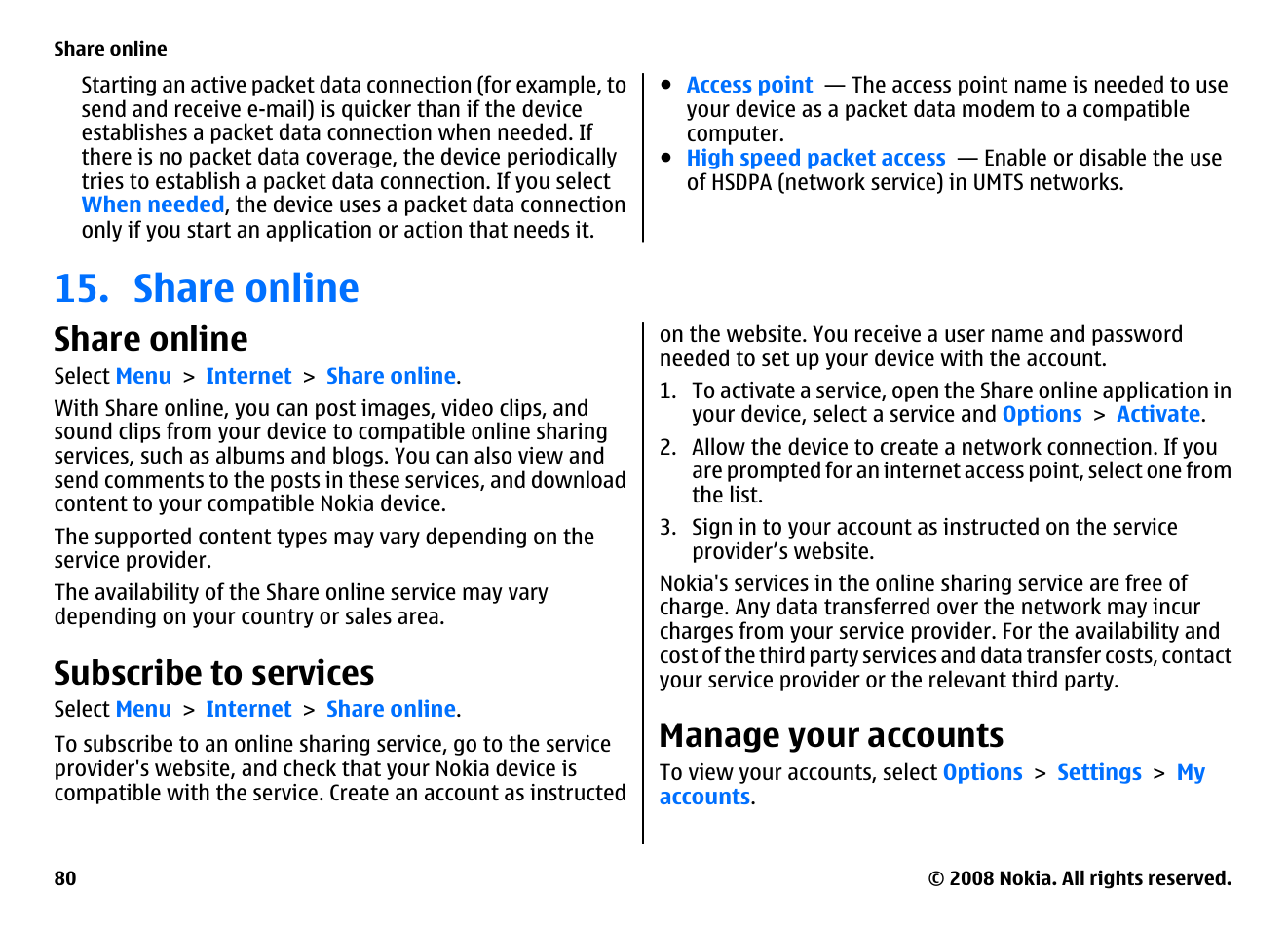 Share online, Subscribe to services, Manage your accounts | Nokia 5800EN User Manual | Page 80 / 116