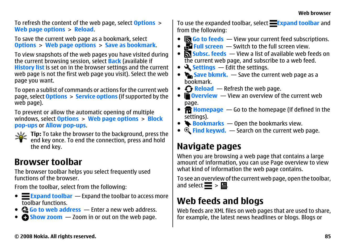 Browser toolbar, Web feeds and blogs, Navigate pages | Nokia 5800EN User Manual | Page 85 / 116