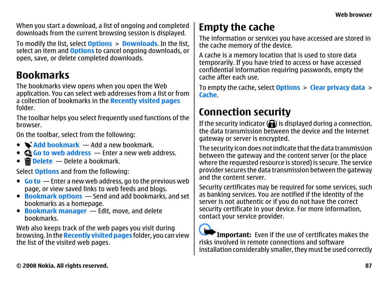 Bookmarks, Empty the cache, Connection security | Nokia 5800EN User Manual | Page 87 / 116