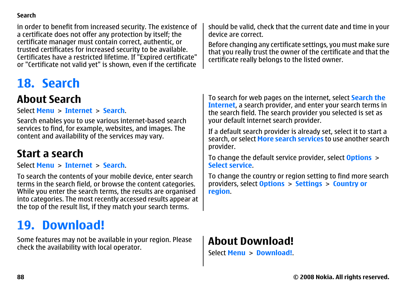 Search, About search, Start a search | Download, About download | Nokia 5800EN User Manual | Page 88 / 116