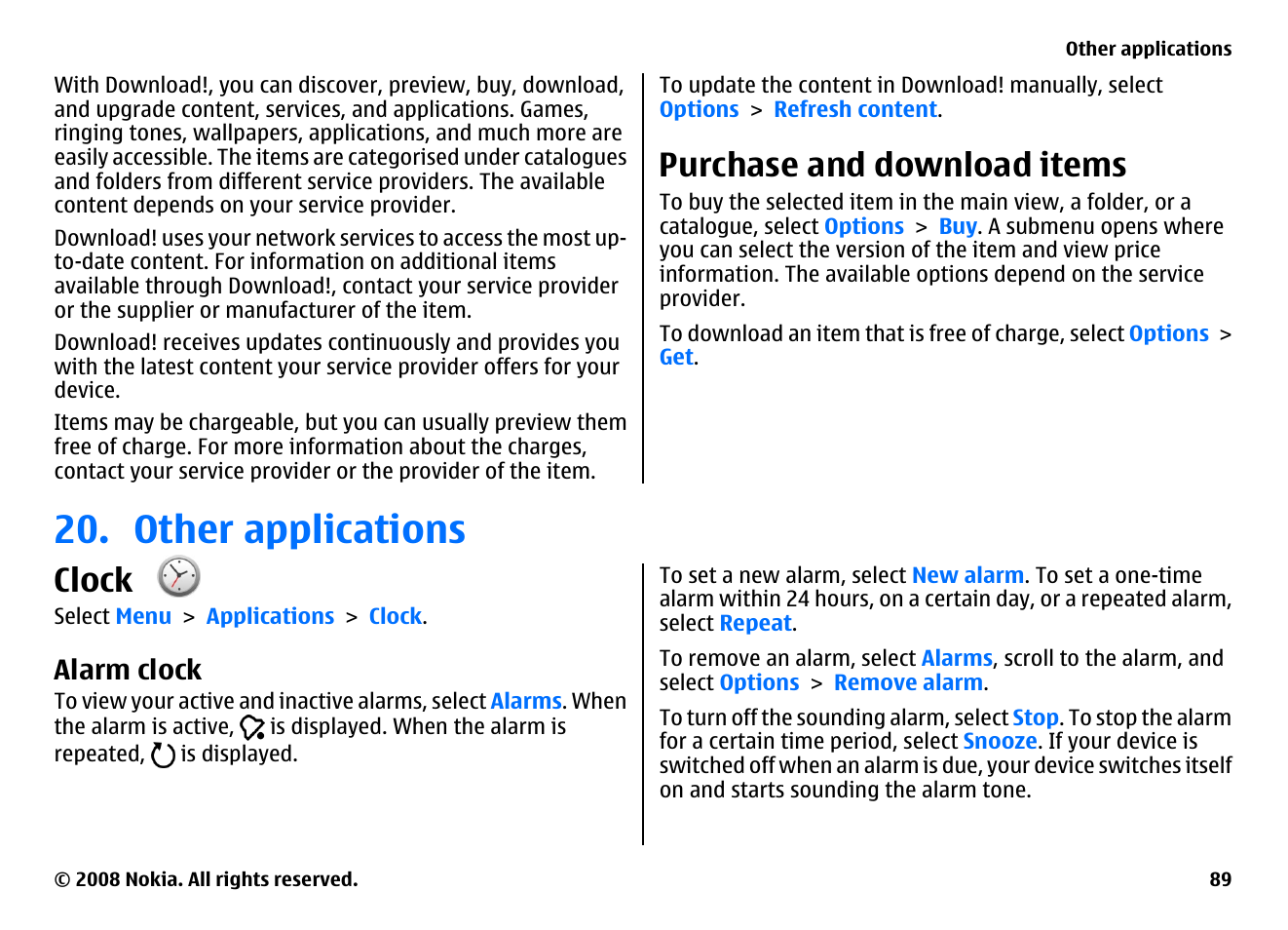 Purchase and download items, Other applications, Clock | Alarm clock | Nokia 5800EN User Manual | Page 89 / 116