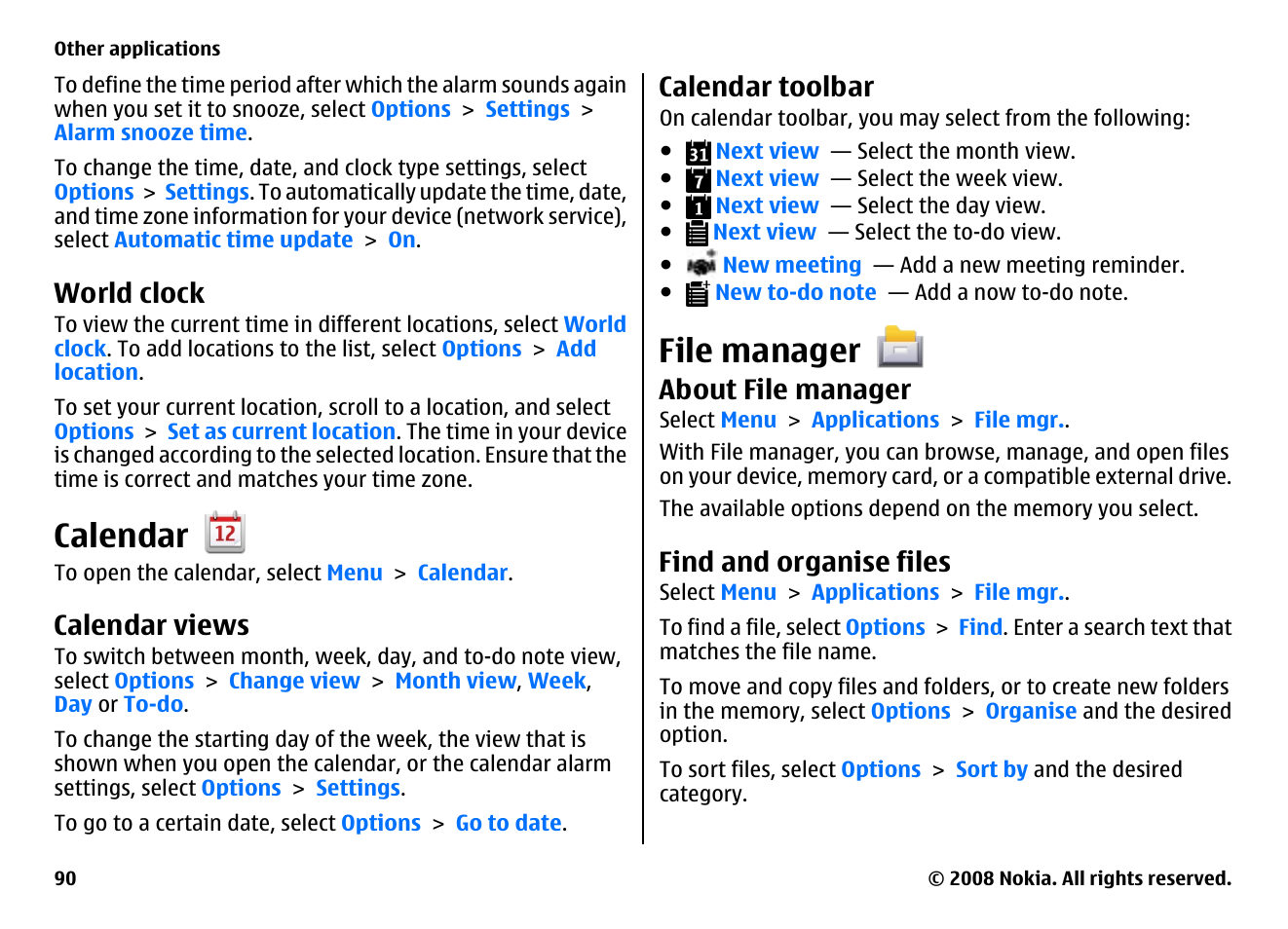 World clock, Calendar, Calendar views | Calendar toolbar, File manager, About file manager, Find and organise files | Nokia 5800EN User Manual | Page 90 / 116