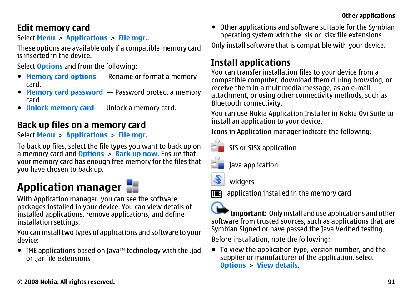 Edit memory card, Back up files on a memory card, Application manager | Install applications | Nokia 5800EN User Manual | Page 91 / 116