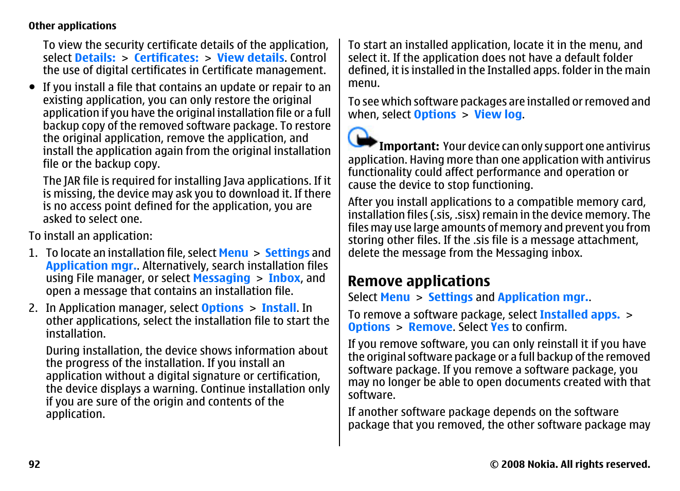 Remove applications | Nokia 5800EN User Manual | Page 92 / 116