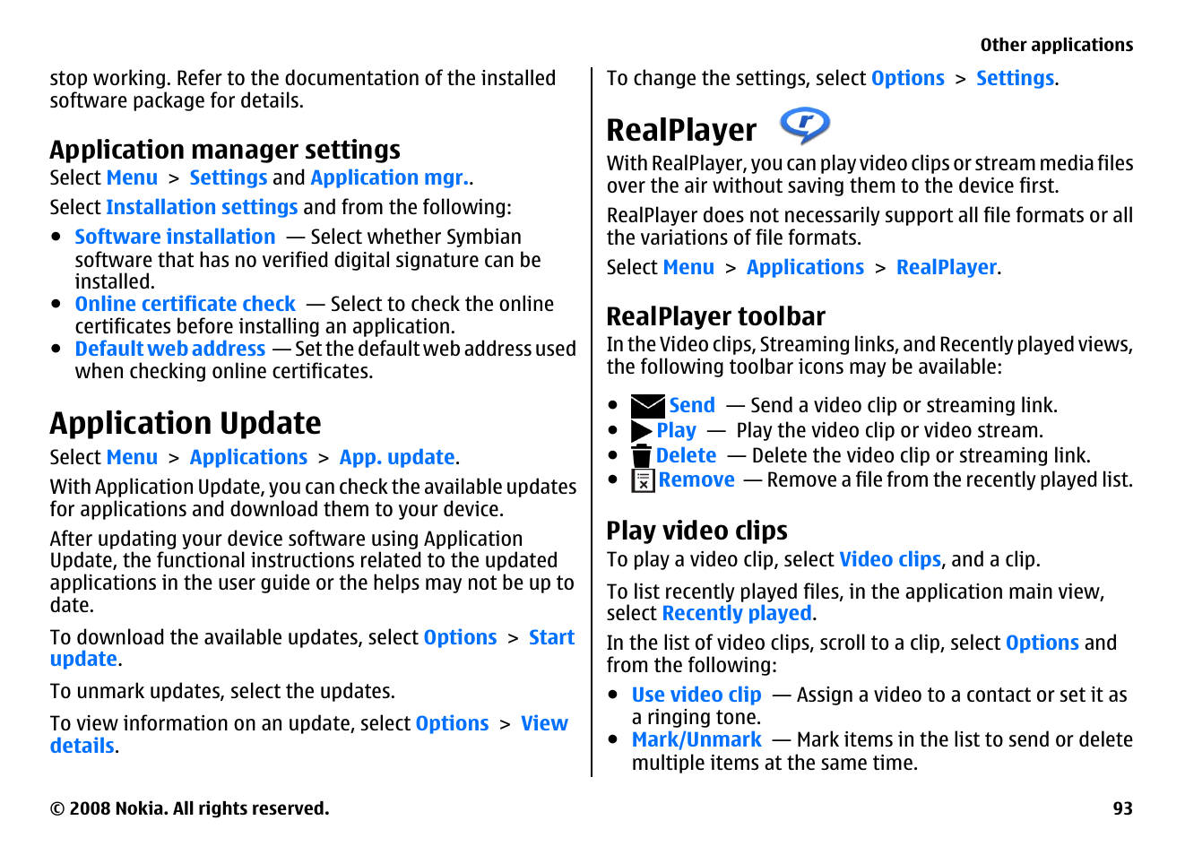 Application manager settings, Application update, Realplayer | Realplayer toolbar, Play video clips | Nokia 5800EN User Manual | Page 93 / 116