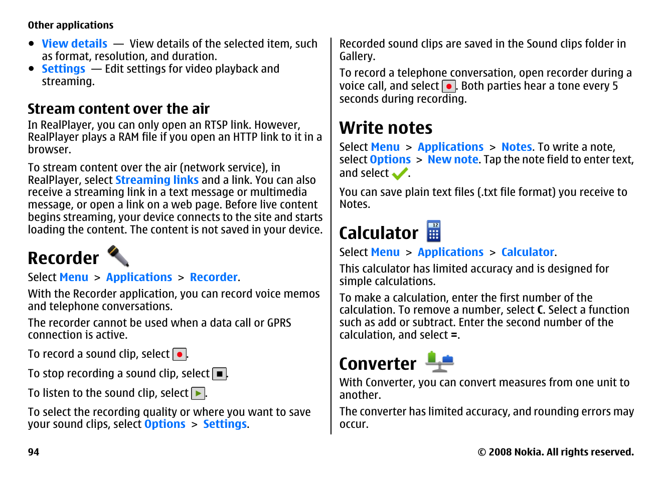 Stream content over the air, Recorder, Write notes | Calculator, Converter | Nokia 5800EN User Manual | Page 94 / 116