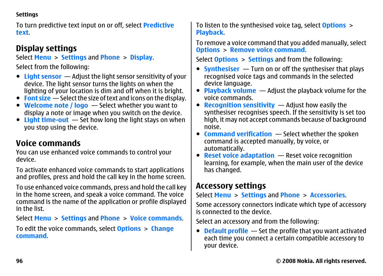 Display settings, Voice commands, Accessory settings | Nokia 5800EN User Manual | Page 96 / 116