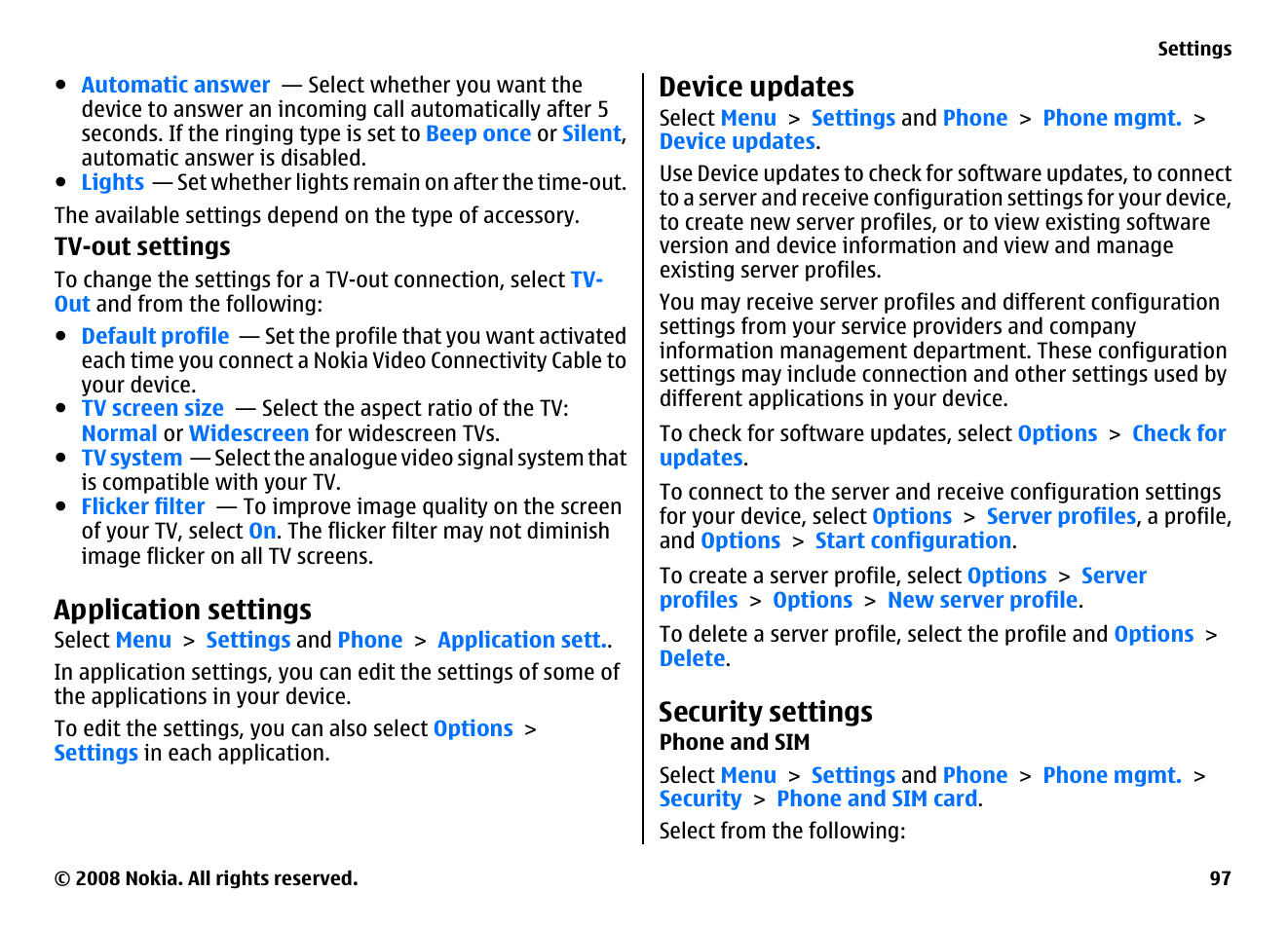 Application settings, Device updates, Security settings | Phone and sim | Nokia 5800EN User Manual | Page 97 / 116